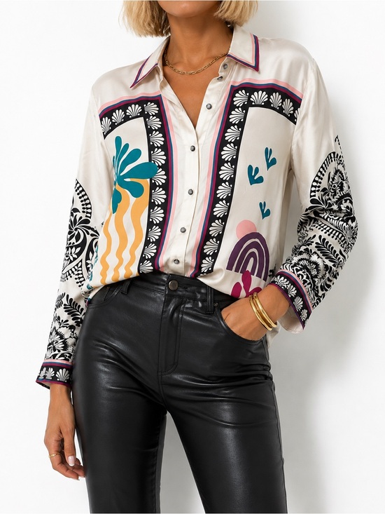 Johnny Was Tops - Johnny Was Lorelie Button Down Tunic Silk-Abstract Button-Up Blouse Cream XL NEW